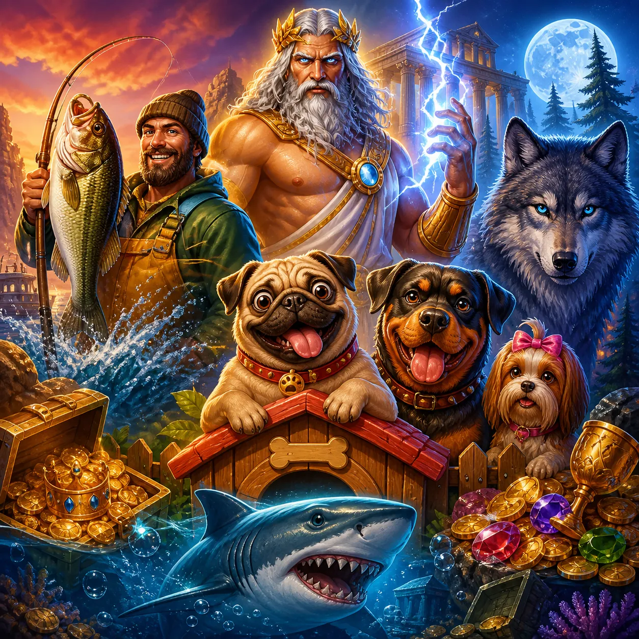 Premium slot game artwork featuring vibrant fantasy characters and a rich game world environment.