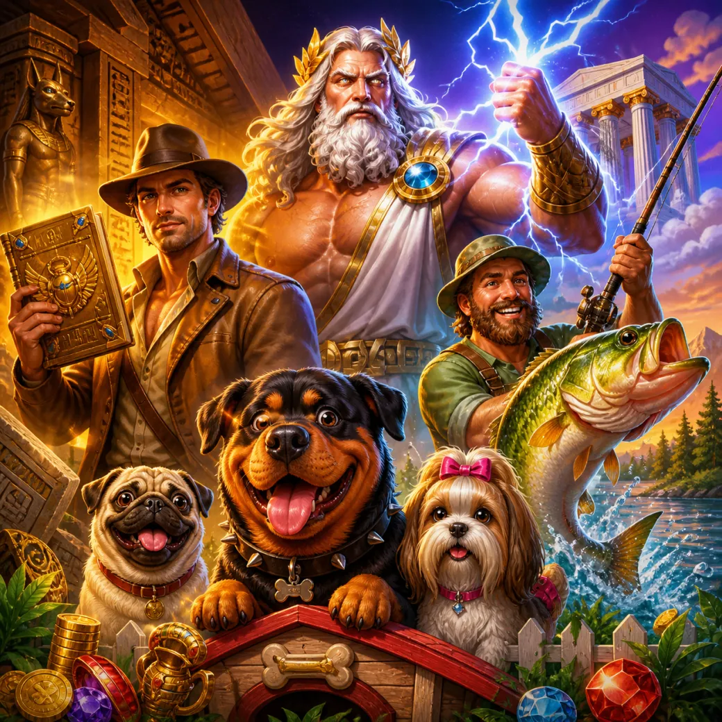 Imagery of mythical creatures and enchanted landscapes from a fantasy-themed slot game.